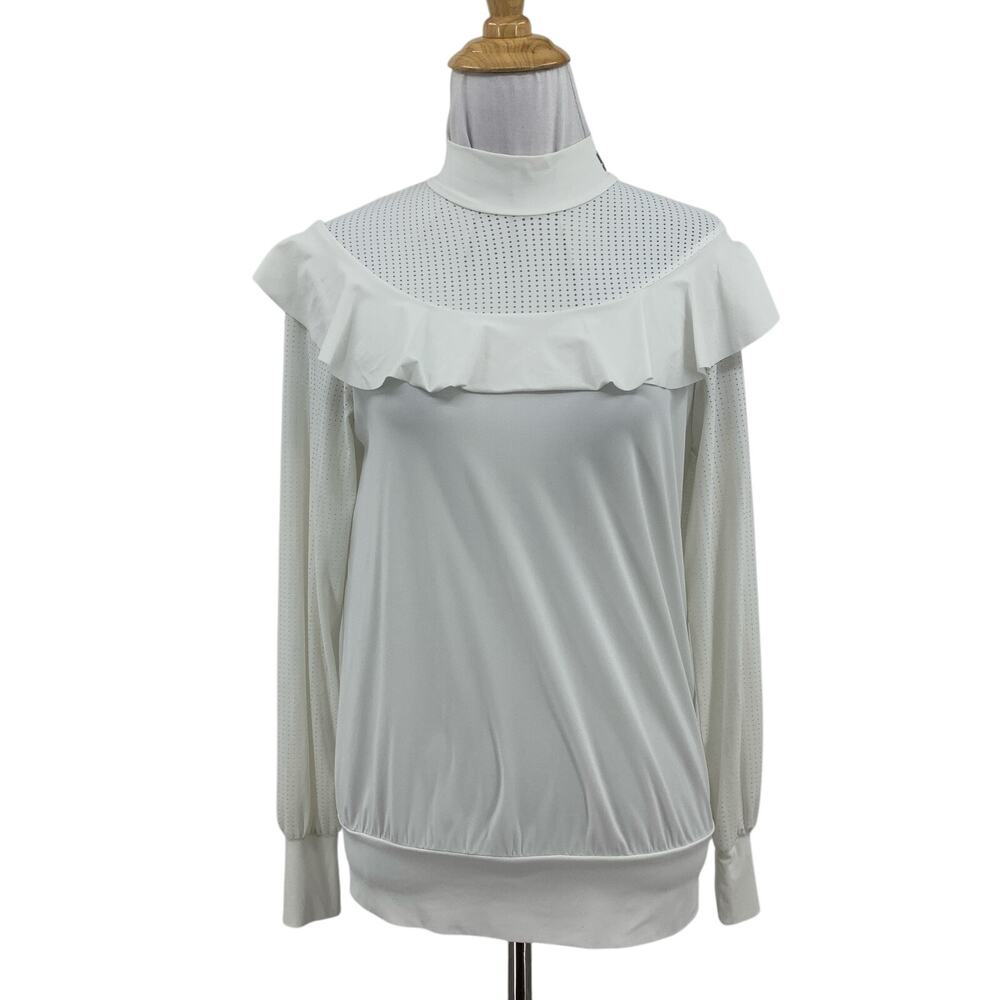 NevermindAll Top Womens XS White Perforated Ruffle High Collar Elizabethan Golf